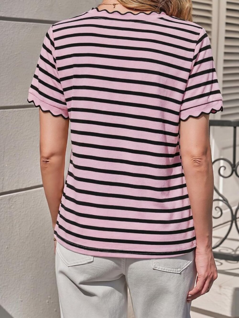 Trendy Women's Summer Striped Color Block Scalloped Short Sleeve Tee Shirt - Picture 3 of 5